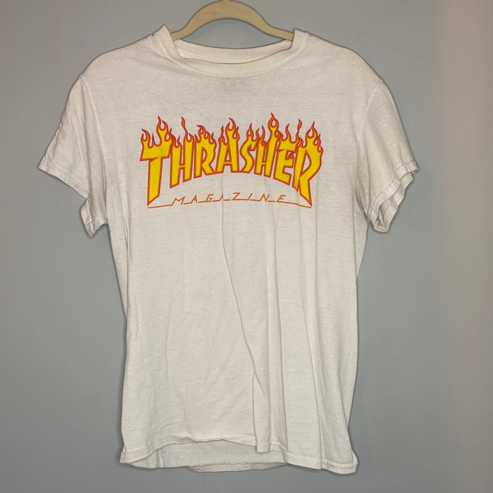 Thrasher White Tee with Yellow & Orange Flame Logo